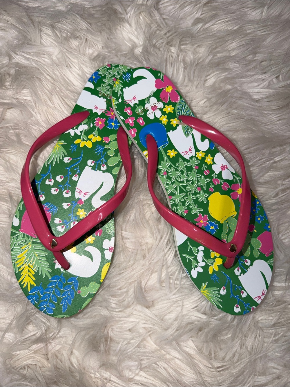 NWT, Kate Spade Kitty Pink-Strap Floral Green Flip Flops Sz 9